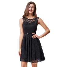 Grace Karin Women Sleeveless Crew Neck Floral Lace Flared A-Line Dress With Belt Black Casual Dress CL010422-1